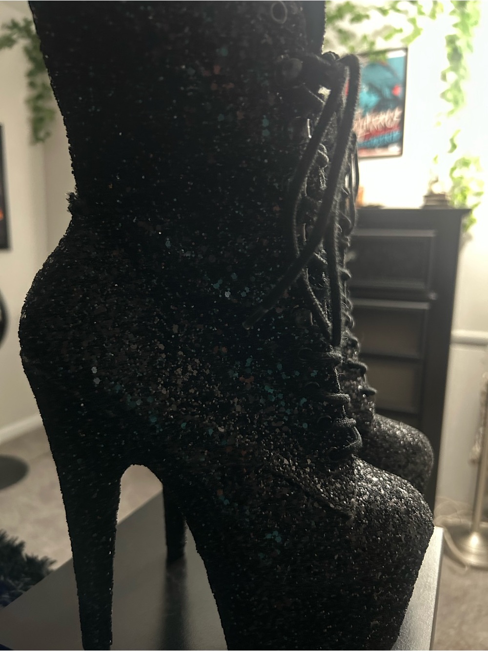 Pleaser Black Glitter Lace-Up Platform Heels
